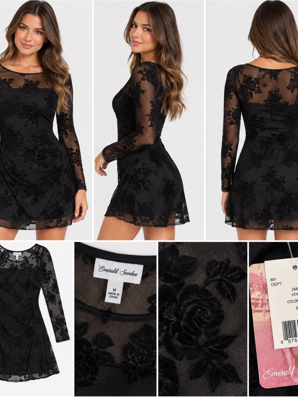 Emerald Sundae Black Floral Mesh Long-Sleeve Mini Dress